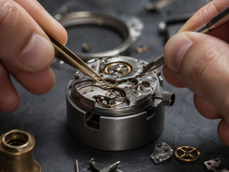 luxurywatchmovementcraftsmanship PCL Group Watchmaker hands assembling the internal movement of a luxury watch with fine tools