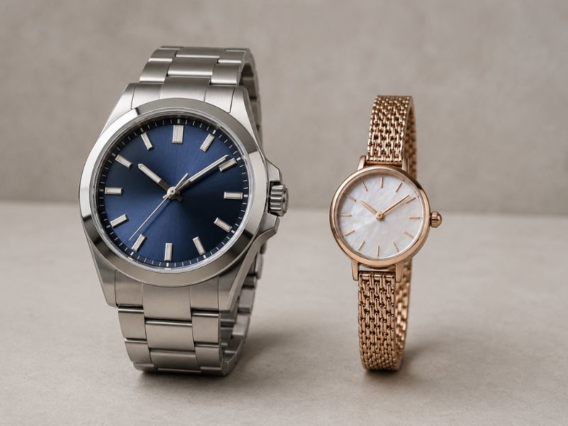 menswomensluxurywatchcomparison PCL Group Side by side comparison of a men's steel luxury watch and a smaller women's rose gold luxury watch