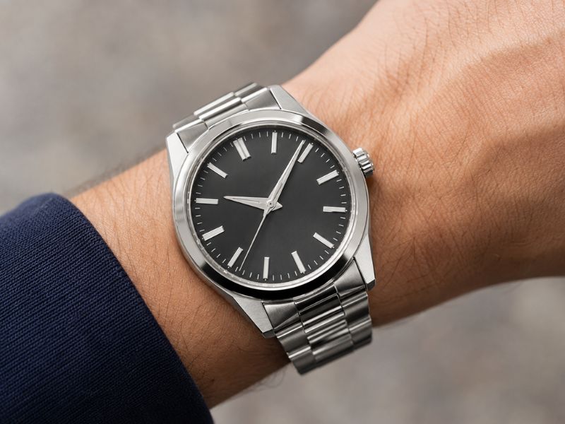 steelsportluxurywatchwrist PCL Group Close up of a steel sport style luxury watch worn on the wrist