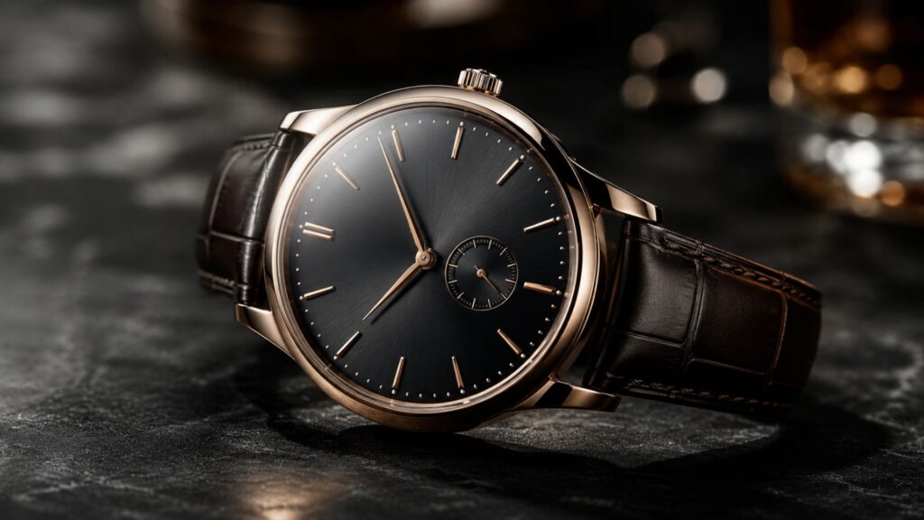 Rose gold luxury wristwatch with dark dial on a leather strap, representing the top luxury watch brands