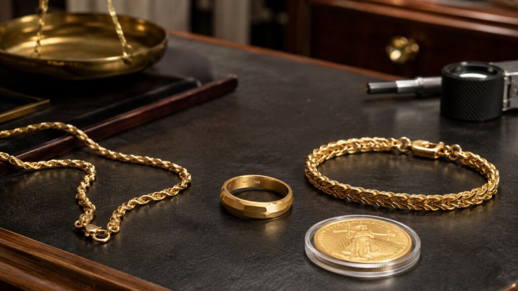 Gold chain, ring, bracelet, and coin arranged for a purity evaluation.