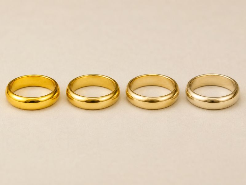 goldringpuritycomparison24k18k14k10k PCL Group Four gold rings showing color differences across 24K 18K 14K and 10K purity