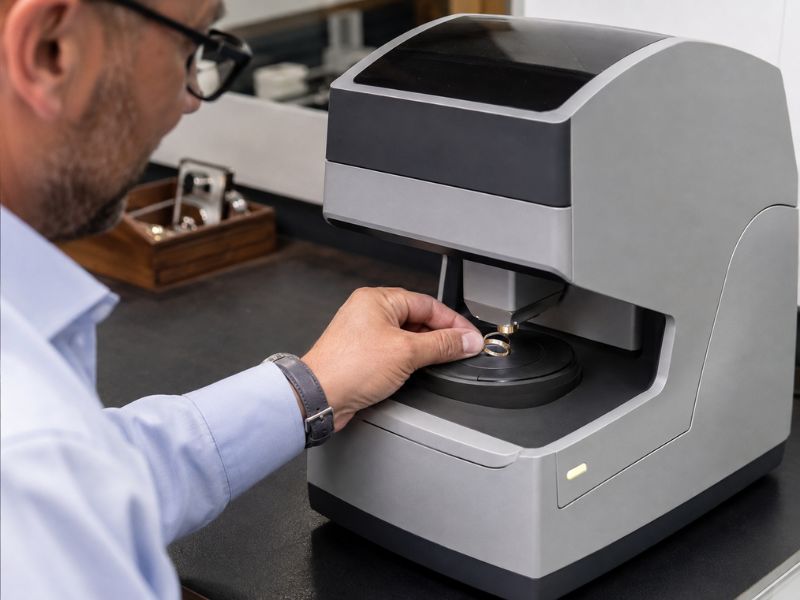 xrfmachinetestinggoldringpurity PCL Group Technician using an XRF machine to test a gold ring's purity.