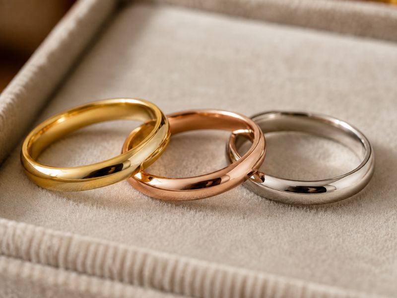 yellowrosewhitegoldringscolorcomparison PCL Group Yellow rose and white gold rings showing how alloys change gold's color.